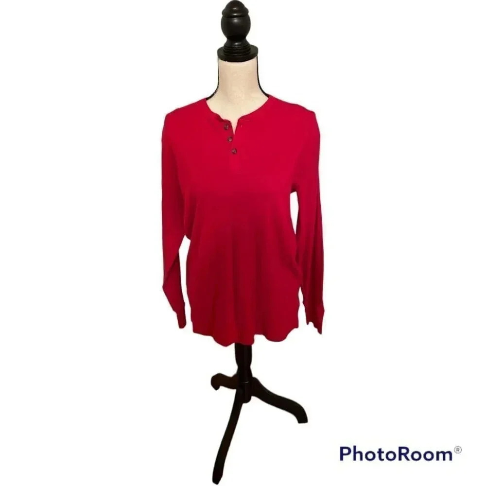Lands End Henley Button Front Long Sleeve Cotton Shirt Mens Medium Red Soft